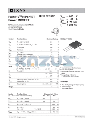 IXFB82N60P datasheet - PolarHV HiPerFET Power MOSFET