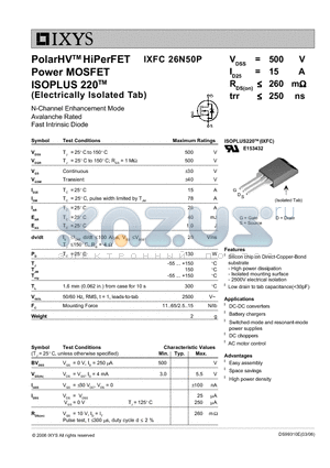 IXFC26N50P datasheet - PolarHV HiPerFET Power MOSFET ISOPLUS 220