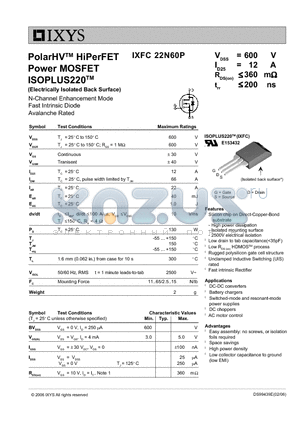 IXFC22N60P datasheet - PolarHV HiPerFET Power MOSFET ISOPLUS220