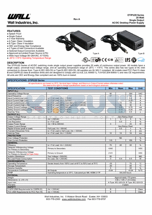 DTIPU20B-102 datasheet - 20 Watt Single Output AC/DC Desktop Power Supply