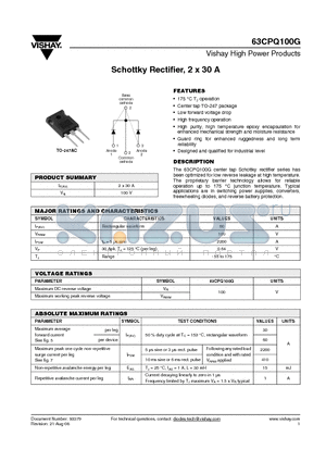 63CPQ100G datasheet - Schottky Rectifier, 2 x 30 A