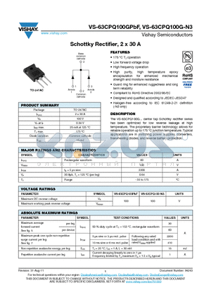 63CPQ100GPBF datasheet - Schottky Rectifier, 2 x 30 A