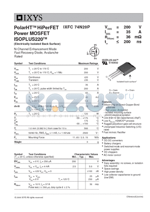 IXFC74N20P datasheet - PolarHT HiPerFET Power MOSFET ISOPLUS220