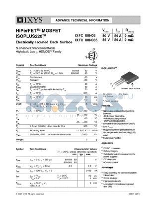 IXFC80N08 datasheet - HIPERFET-TM MOSFET ISOPLUS220-TM