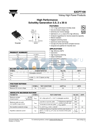 63CPT100 datasheet - High Performance Schottky Generation 5.0, 2 x 30 A