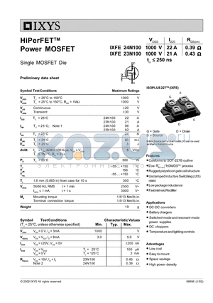 IXFE23N100 datasheet - Single MOSFET Die