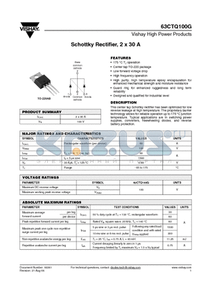 63CTQ100G datasheet - Schottky Rectifier, 2 x 30 A