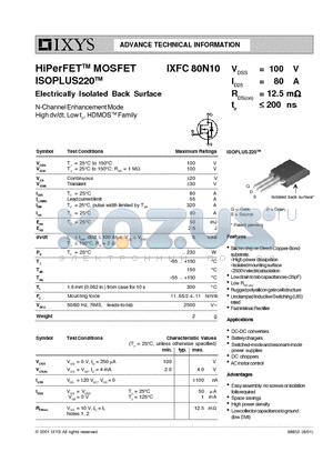 IXFC80N10 datasheet - HiPerFETTM MOSFET ISOPLUS220