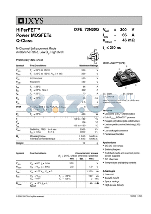 IXFE73N30Q datasheet - HiPerFET Power MOSFETs Q-Class