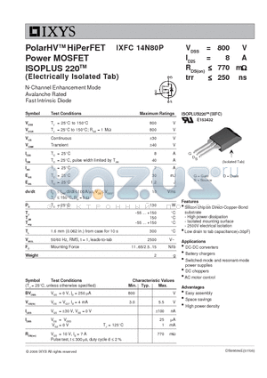 IXFC14N80P datasheet - PolarHV HiPerFET Power MOSFET ISOPLUS 220