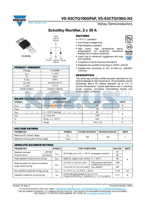 63CTQ100GPBF datasheet - Schottky Rectifier, 2 x 30 A