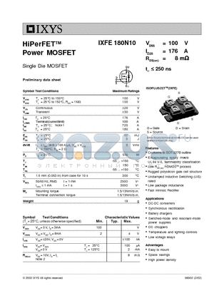 IXFE180N10 datasheet - HiPerFET-TM Power MOSFET