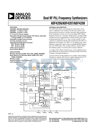 ADF4208 datasheet - Dual RF PLL Frequency Synthesizers