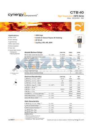 CTB40-800BPT datasheet - High Temperature 150`C Series 40Amp - 400/600/800V - TRIAC