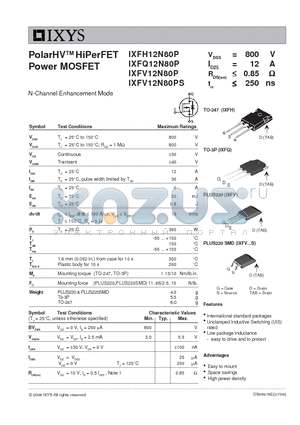 IXFH12N80P datasheet - PolarHV HiPerFET Power MOSFET