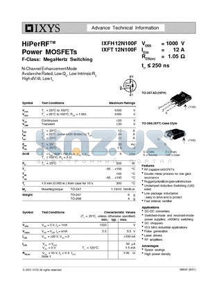 IXFH12N100F datasheet - HiPerRF Power MOSFETs