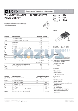 IXFH110N15T2 datasheet - TrenchT2 HiperFET Power MOSFET