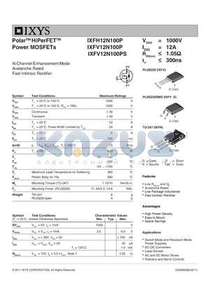 IXFH12N100P datasheet - Polar HiPerFET Power MOSFETs