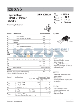 IXFH12N120 datasheet - High Voltage HiPerFET Power MOSFET