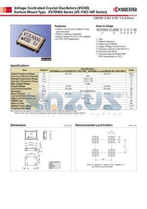 KV7050A datasheet - Voltage Controlled Crystal Oscillators (VCXO) Surface Mount Type