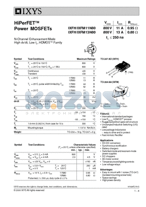 IXFH11N80 datasheet - HiPerFET Power MOSFETs