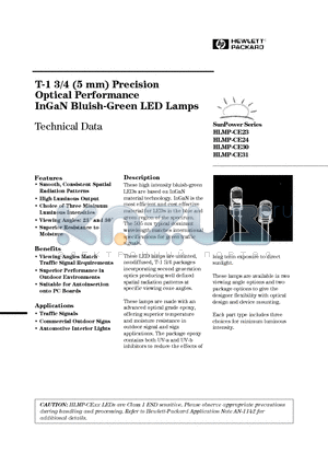 HLMP-CE23 datasheet - T-1 3/4 (5 mm) Precision Optical Performance InGaN Bluish-Green LED Lamps