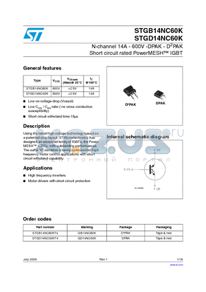 GB14NC60K datasheet - N-channel 14A - 600V -DPAK - D2PAK Short circuit rated PowerMESH TM IGBT