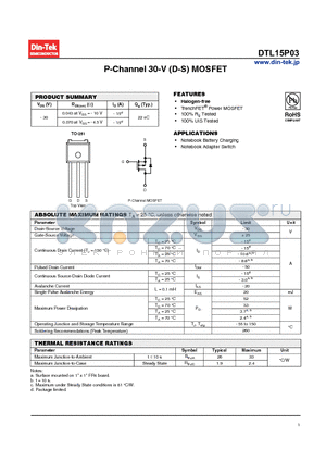 DTL15P03_13 datasheet - P-Channel 30-V (D-S) MOSFET Halogen-free