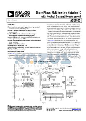 ADE7953 datasheet - Single Phase, Multifunction Metering IC with Neutral Current Measurement