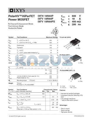 IXFH18N60P datasheet - PolarHV HiPerFET Power MOSFET