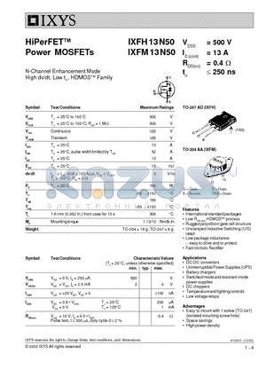 IXFH13N50 datasheet - HiPerFET Power MOSFETs