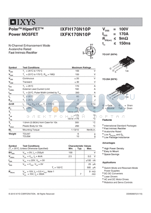 IXFH170N10P datasheet - Polar HiperFET Power MOSFET