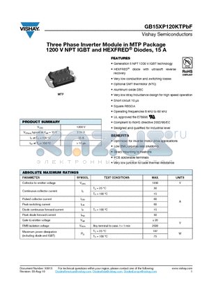 GB15XP120KPBF datasheet - Three Phase Inverter Module in MTP Package 1200 V NPT IGBT and HEXFRED Diodes, 15 A