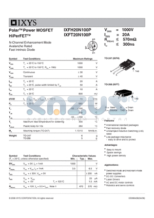 IXFH20N100P datasheet - Polar Power MOSFET HiPerFET