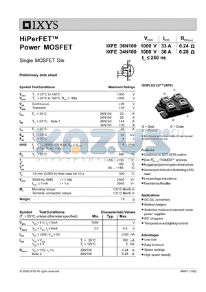 IXFE36N100 datasheet - HiPerFET-TM Power MOSFET