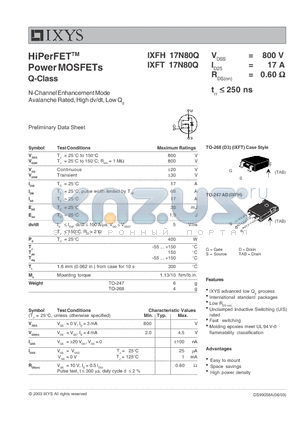 IXFH17N80Q datasheet - HiPerFET Power MOSFETs Q-Class