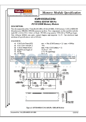 KVR100X64C264 datasheet - Memory Module Specification