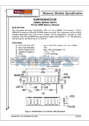 KVR100X64C3/128 datasheet - 100MHz SDRAM 168-Pin PC100 Memory Module