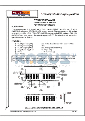 KVR100X64C3/256 datasheet - 100MHz SDRAM 168-Pin PC100 Memory Module