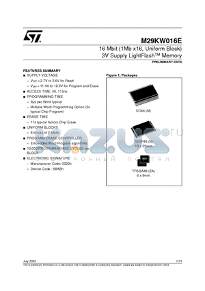 M29KW016E90M1T datasheet - 16 Mbit (1Mb x16, Uniform Block) 3V Supply LightFlash  Memory