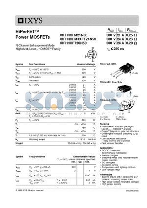 IXFH26N50 datasheet - HiPerFET Power MOSFETs