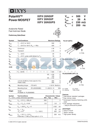 IXFH26N50P datasheet - Avalanche Rated Fast Instrinsic Diode