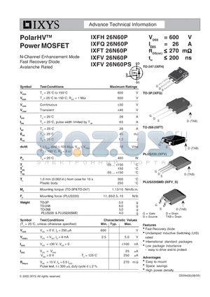 IXFH26N60P datasheet - N-Channel Enhancement Mode Fast Recovery Diode Avalanche Rated