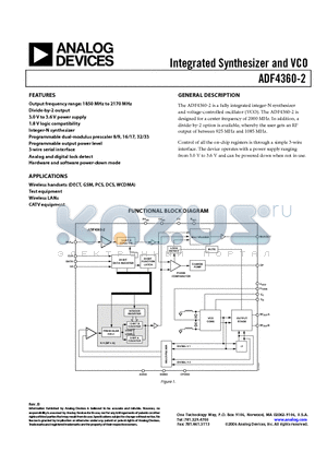 ADF4360-2 datasheet - Integrated Synthesizer and VCO