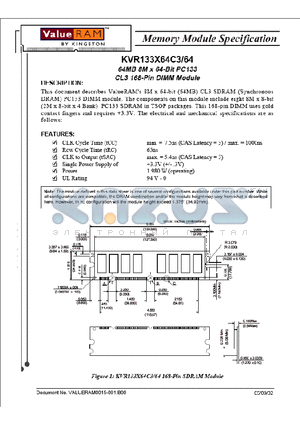 KVR133X64C3/64 datasheet - 64MB 8M x 64-BIT PC133 CL3 168-PIN DIMM Module