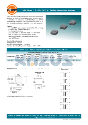 DTM-100 datasheet - T3/DS3/E3/STS-1 Tri-Port Transformer Modules
