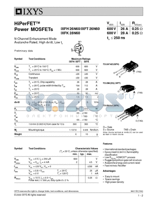 IXFH26N60 datasheet - HiPerFET Power MOSFETs