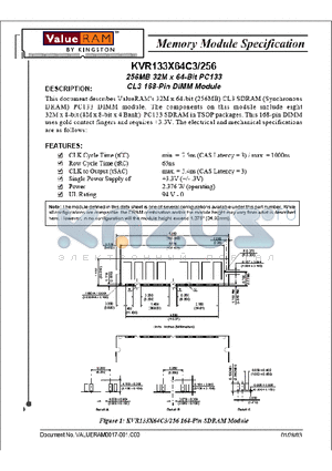 KVR133X64C3256 datasheet - 256MB 32M x 64Bit PC133 CL3 Low Profile 168-Pin Dimm Module