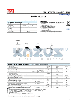 DTL1N60 datasheet - Power MOSFET Available in Tape and Reel
