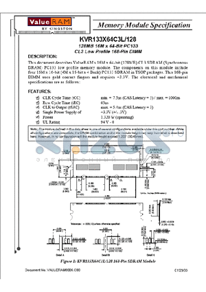 KVR133X64C3L128 datasheet - 128MB 16M x Bit PC133 CL3 Low Profile 168-Pin Dimm